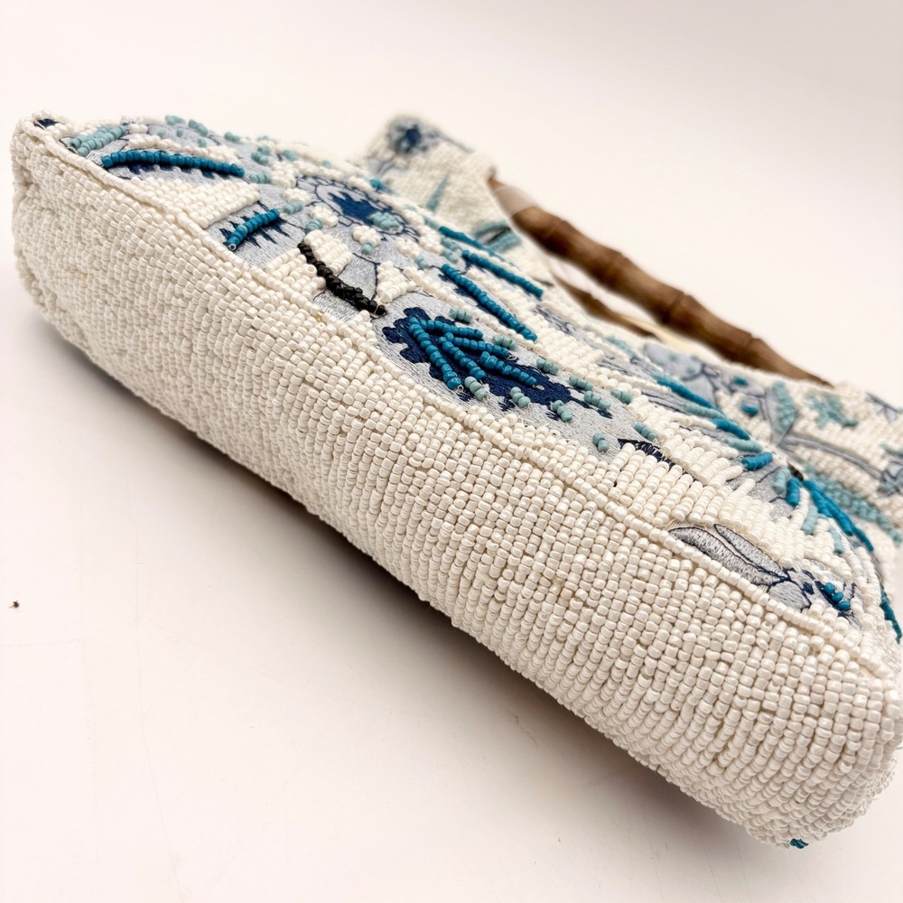 Artisan Hand Beaded Floral Bamboo Handle Bag Blue White Tropical Satchel NWT - Picture 2 of 7